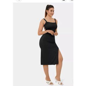 Ruched Strappy Back Midi Dress With Side Slit In Black size small